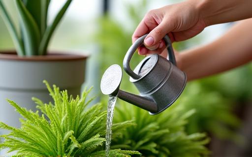 設置された植物に水やりをする様子