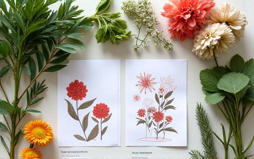 デザインスケッチと並べられた花材