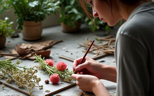 デザイナーがフローラルインスタレーションを制作中